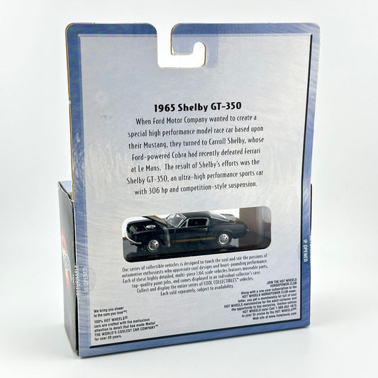 Back view of a 1965 Shelby GT-350 diecast model car package, showing product history text.