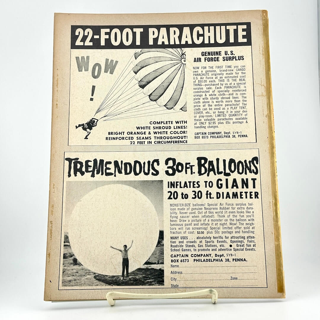 Vintage advertisement for 22-foot parachute and 30-foot balloons on a white background