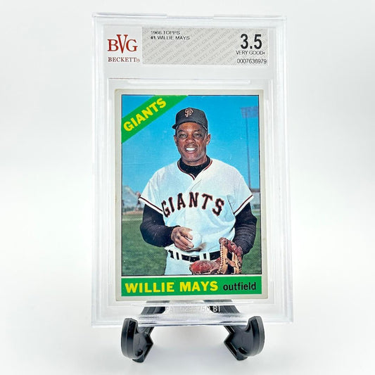Baseball trading card of Willie Mays in a display case with BVG grading label.