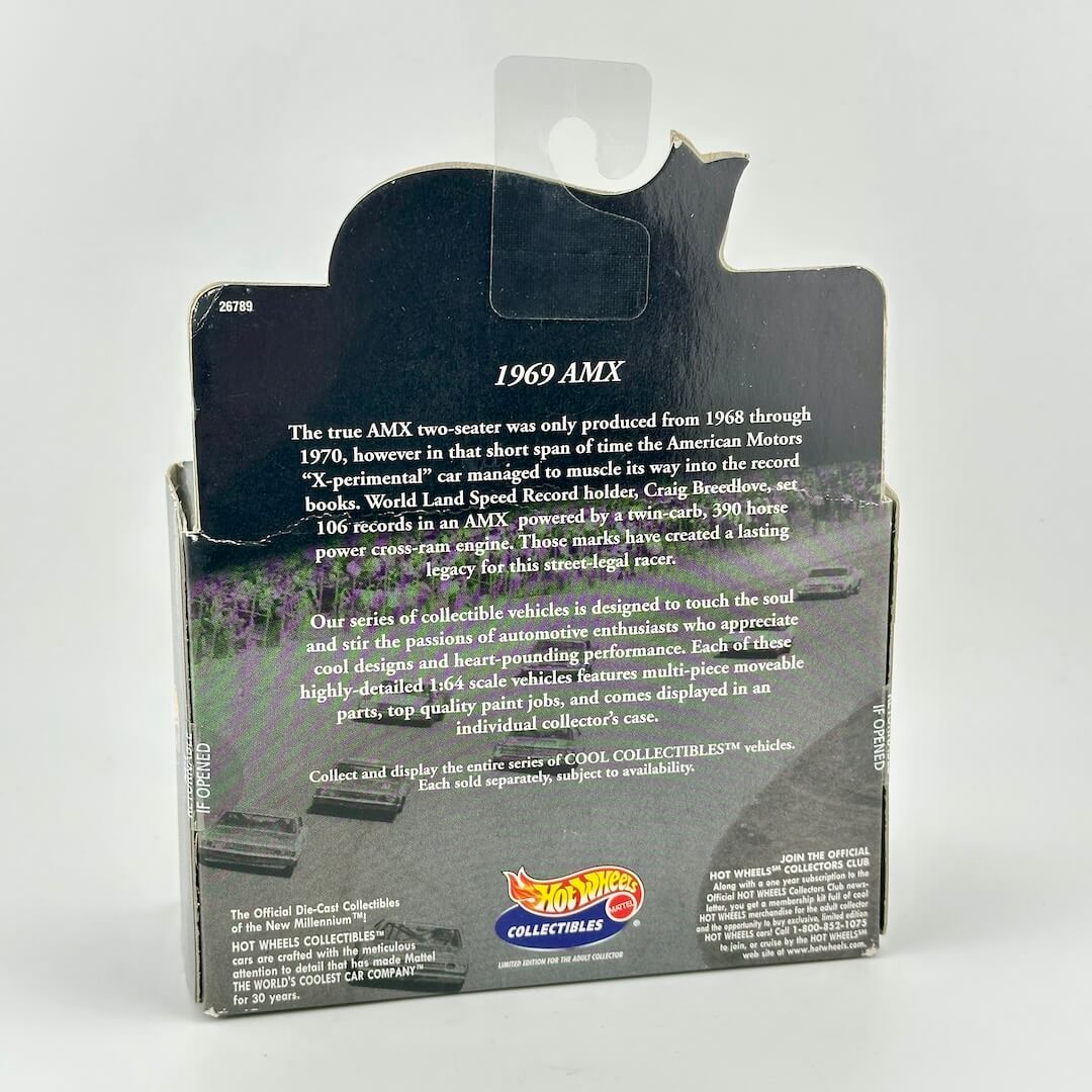 Back of a Hot Wheels Collectibles 1969 AMX diecast model car box, showing product description text & Hot Wheels logo.