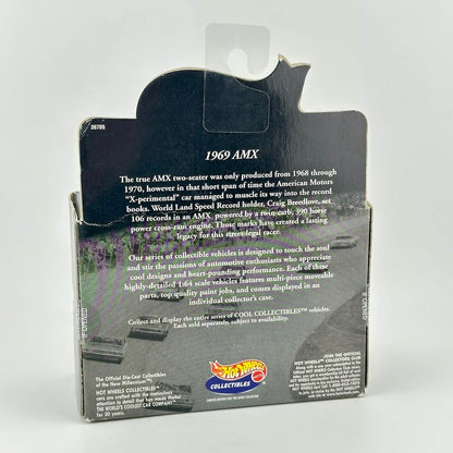 Back of a Hot Wheels Collectibles 1969 AMX diecast model car box, showing product description text & Hot Wheels logo.
