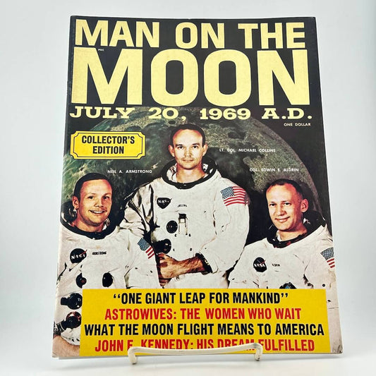 Magazine cover featuring Apollo 11 astronauts with text about the moon landing.