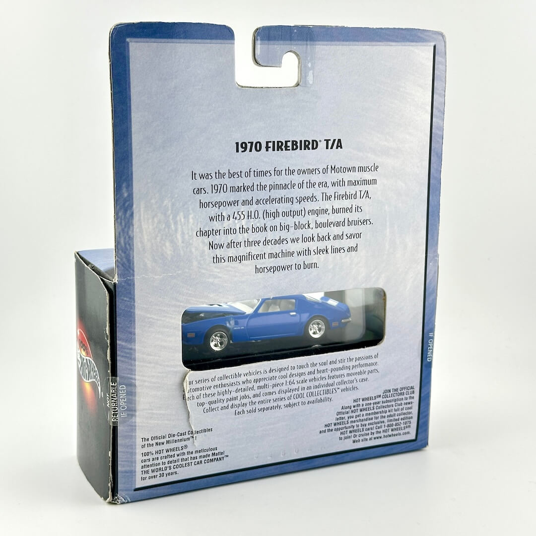 Back view of a 1970 Firebird T/A model car packaging box, showing printed text.