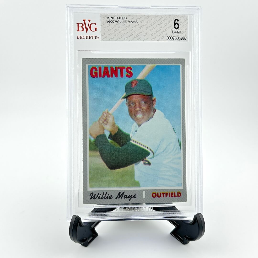 Baseball trading card of Willie Mays in a display case with BVG grading label.