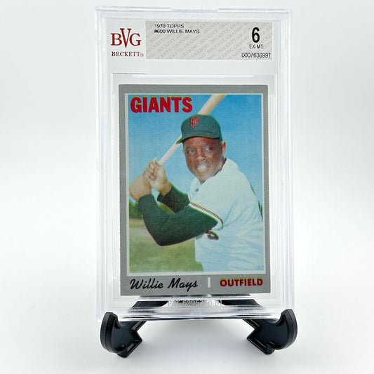 Baseball trading card of Willie Mays in a display case with BVG grading label.