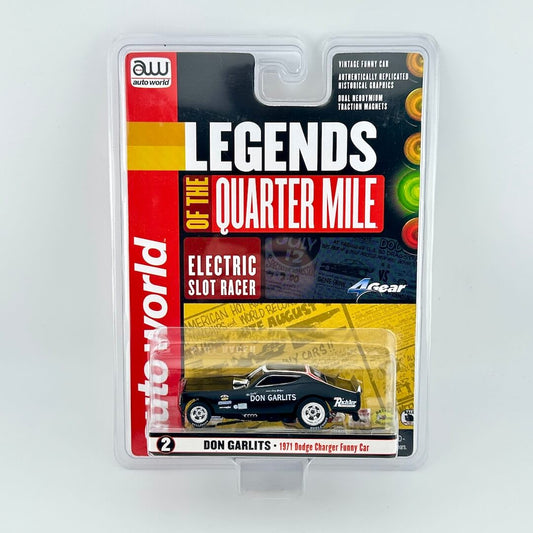 Model car in packaging with 'Legends of the Quarter Mile' branding on a white background