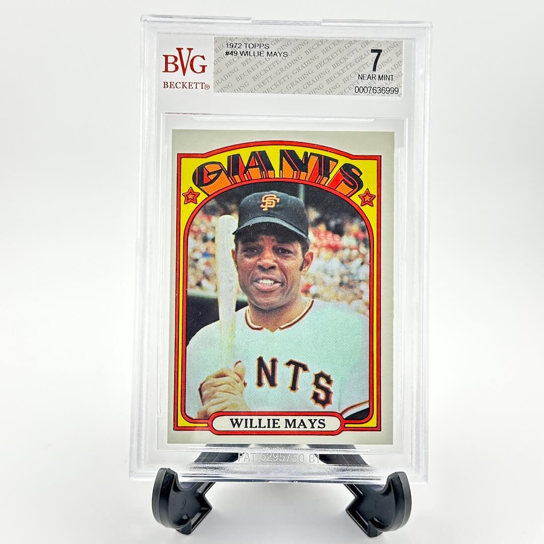 Baseball trading card of Willie Mays in a display case with BVG grading label.