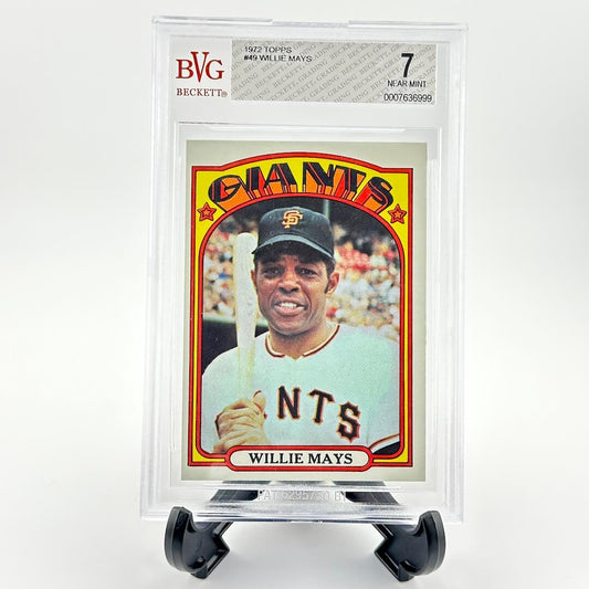 Baseball trading card of Willie Mays in a display case with BVG grading label.