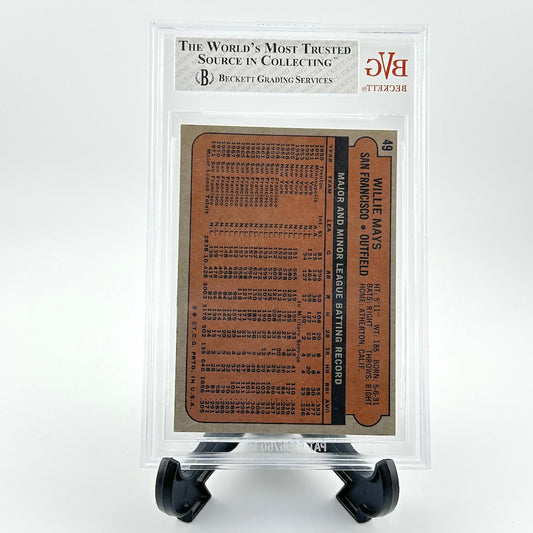 Vintage baseball card in a clear display case with Beckett Grading Services logo.