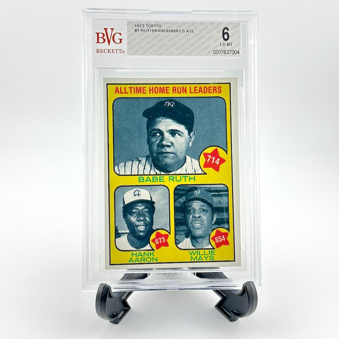 Baseball trading card featuring Babe Ruth, Hank Aaron, and Willie Mays with BVG grading label.