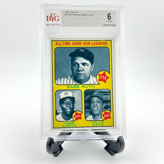 Baseball trading card featuring Babe Ruth, Hank Aaron, and Willie Mays with BVG grading label.