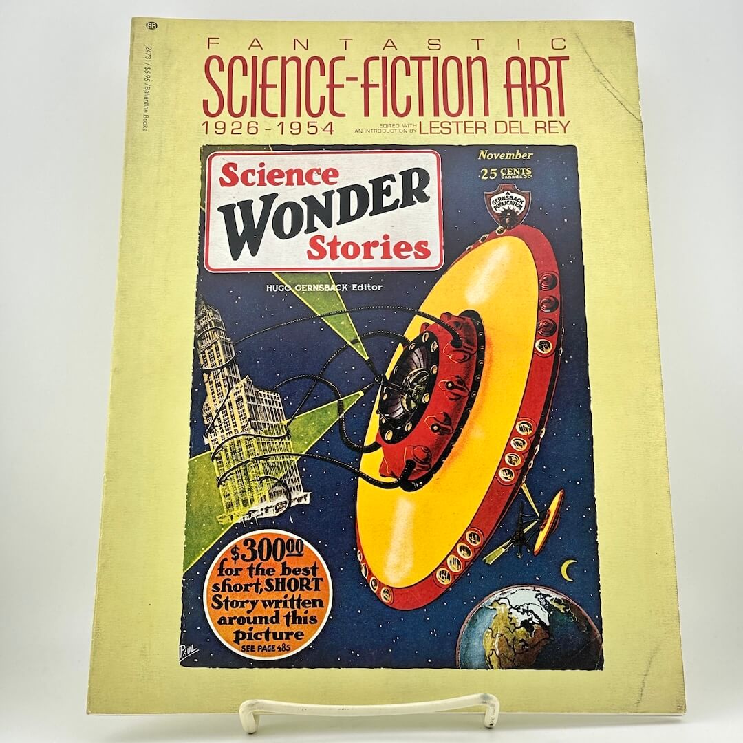 Vintage science fiction book cover with a yellow spaceship on a white background