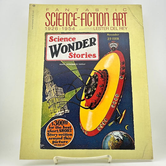 Vintage science fiction book cover with a yellow spaceship on a white background