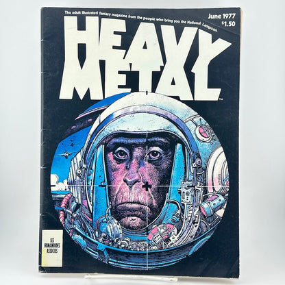Magazine cover with monkey in space helmet and text, "Heavy Metal" from June 1977.