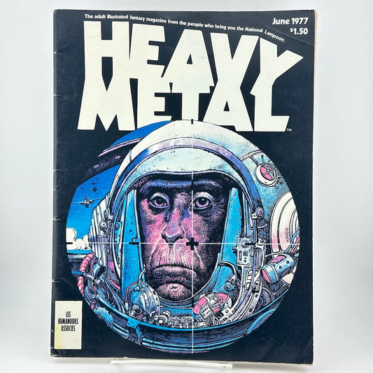 Magazine cover with monkey in space helmet and text, "Heavy Metal" from June 1977.