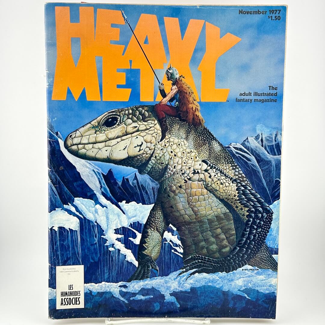Magazine cover with man riding lizard and holding spear under text, "heavy metal"