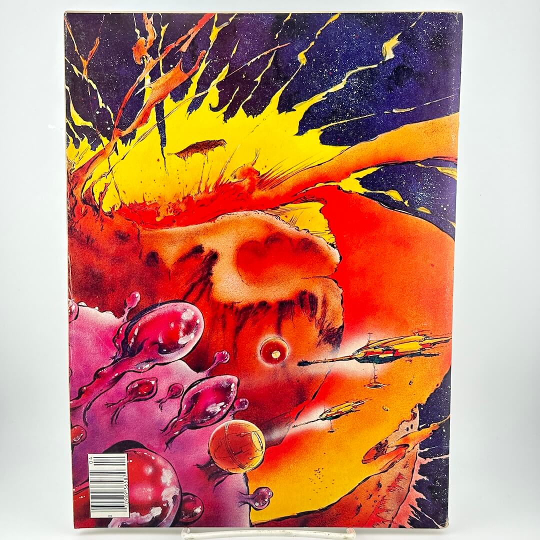 Back of cover with colorful illustration of ships flying through space. 