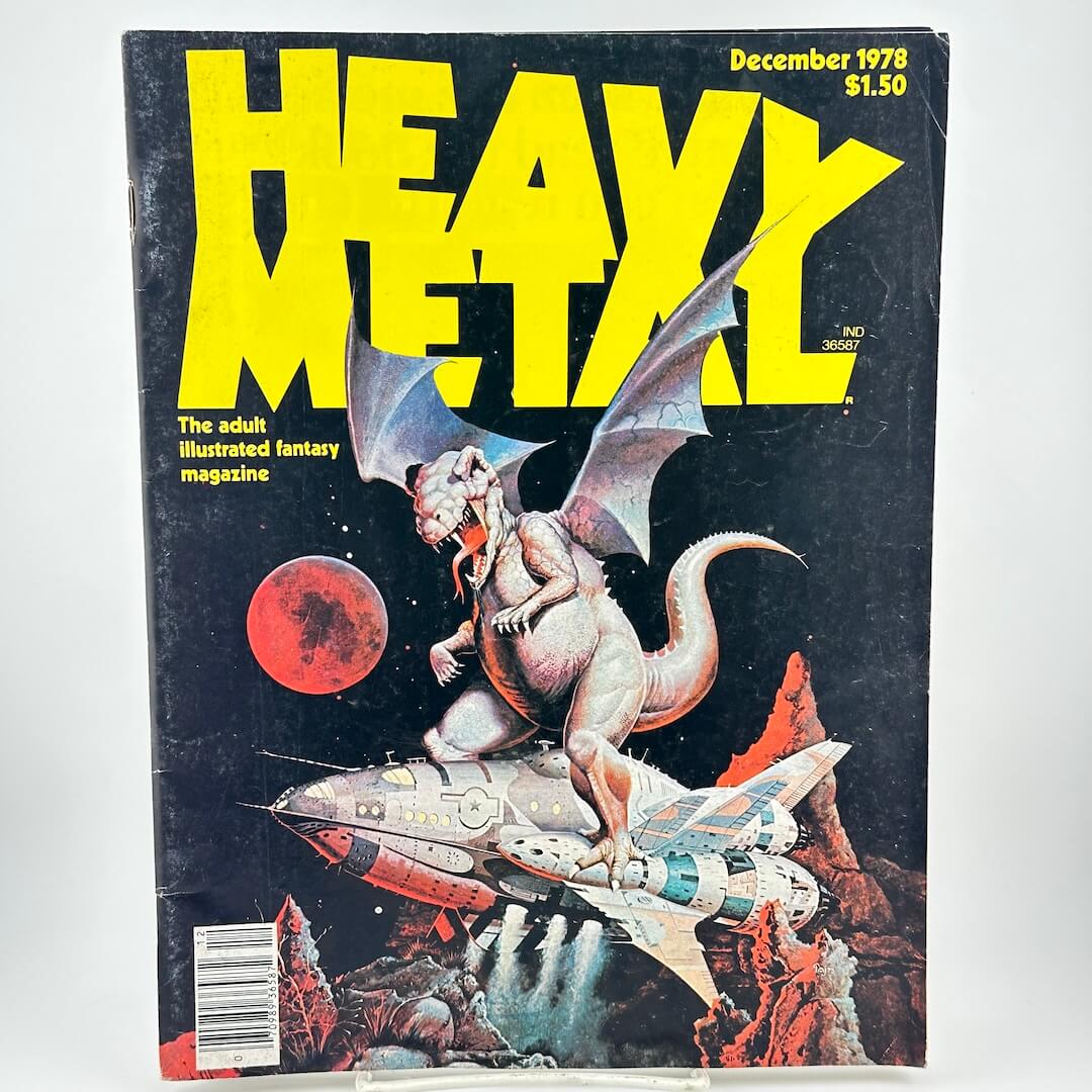 "Heavy Metal" magazine. cover with dinosaur riding rocketship on futuristic landscape. 