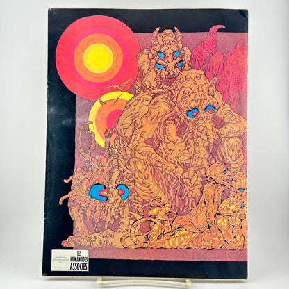 Back cover of Heavy Metal magazine continuing cover illustration on dark background. 