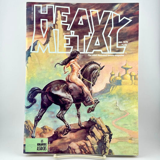 Vintage Heavy Metal magazine cover from June 1974, featuring a nude woman riding a dark horse against a fantasy landscape.