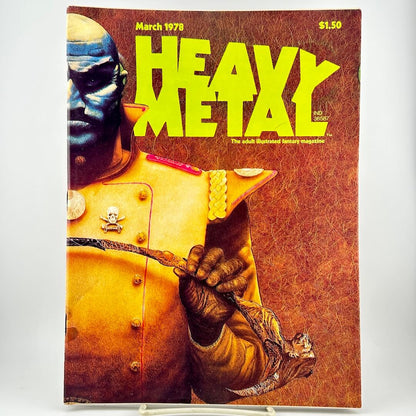 Magazine cover featuring a large yellow title over an illustrated cover with a blue-faced figure in a gold uniform.