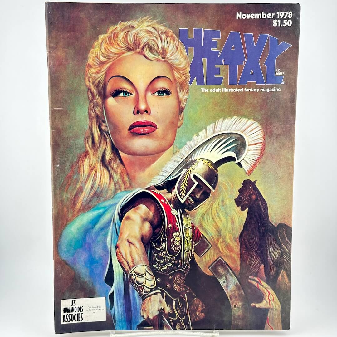 Heavy Metal magazine cover with centurion and horse beneath image of woman's face. 
