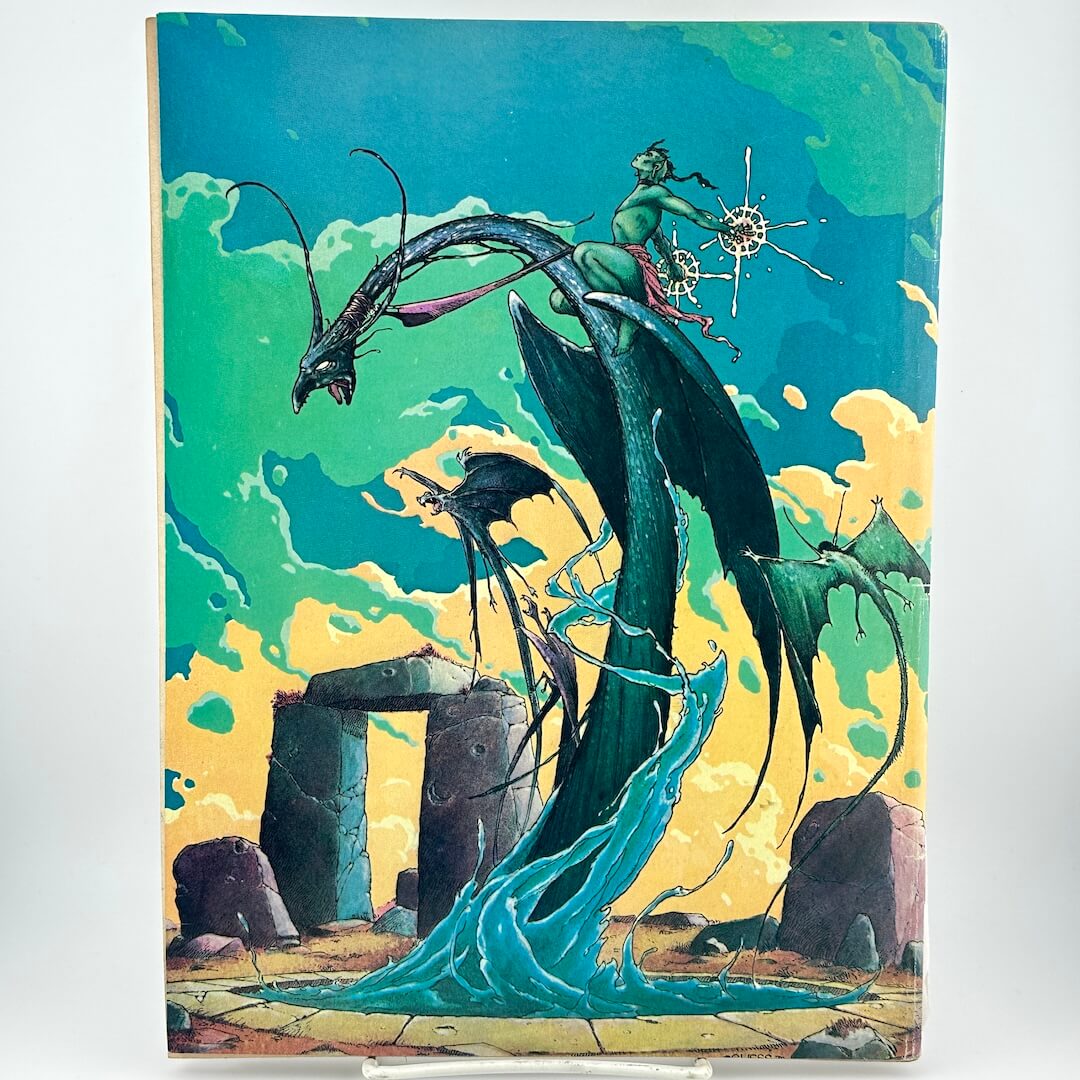 Back magazine cover of alien creature riding another winged alien creature in ruins. 
