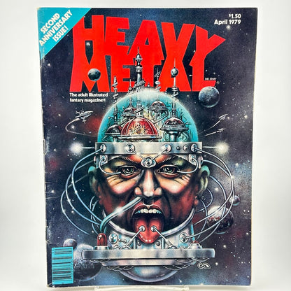 "Heavy Metal" magazine cover with illustration of man with cyborg features and cityscape in head. 