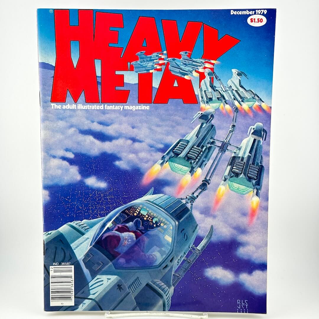 "Heavy Metal" magazine cover with illustrations of spaceships racing through sky, one piloted by Santa. 