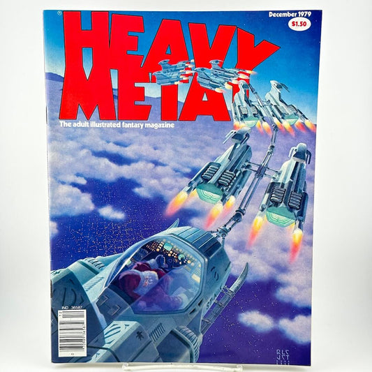 "Heavy Metal" magazine cover with illustrations of spaceships racing through sky, one piloted by Santa. 