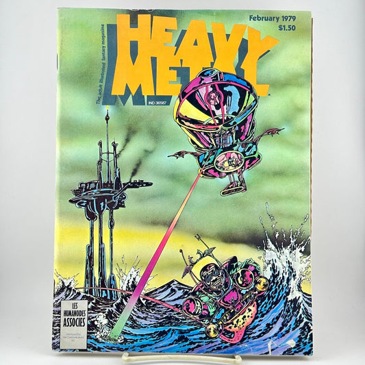 Heavy Metal magazine cover with futuristic illustrated battle scene above water. 