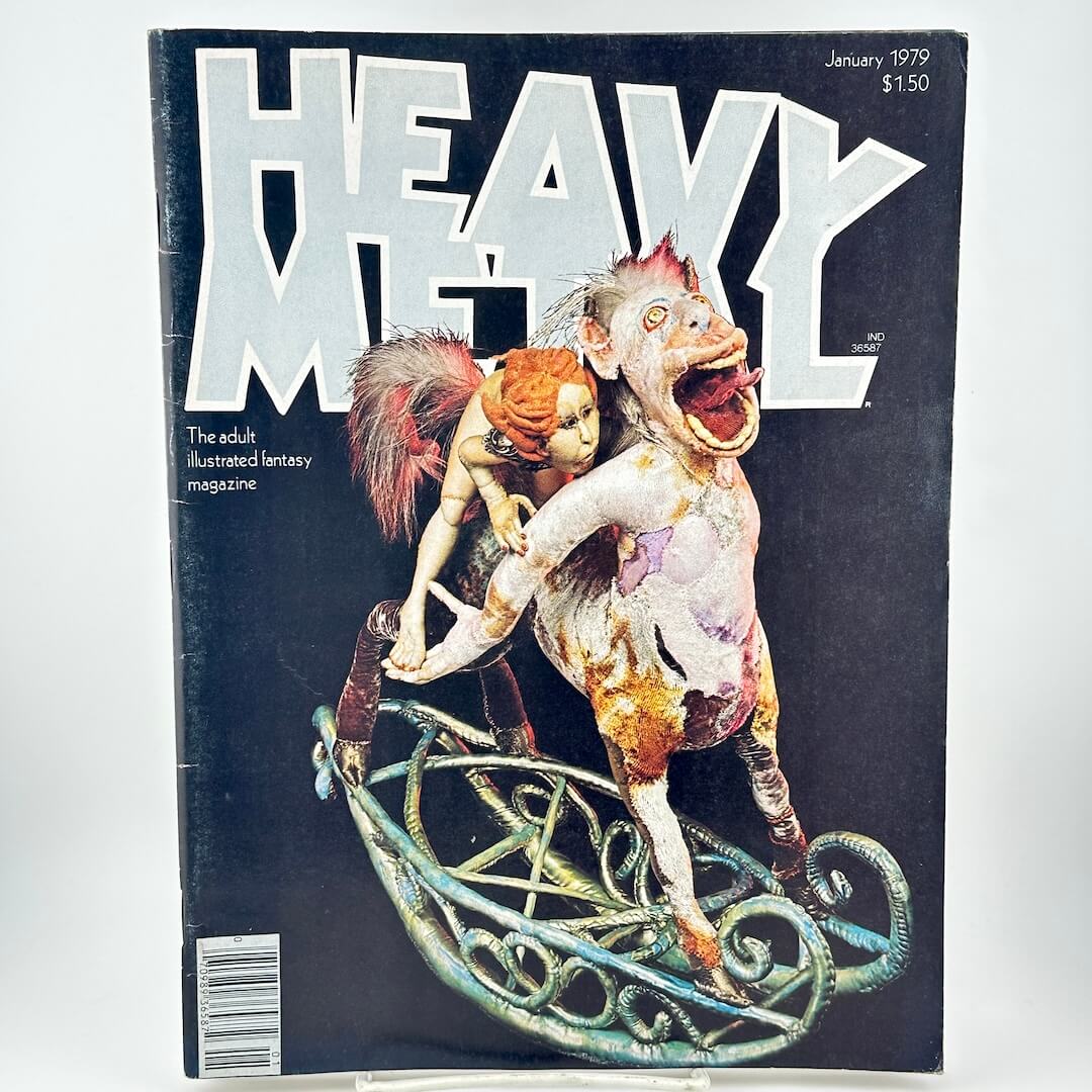 "Heavy Metal" magazine cover with pictured abstract sculpture of woman riding creature. 