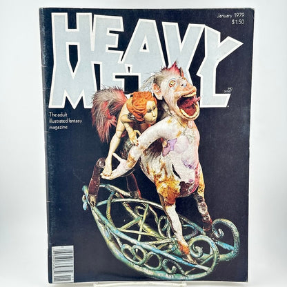"Heavy Metal" magazine cover with pictured abstract sculpture of woman riding creature. 