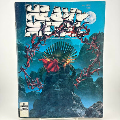 "Heavy Metal" magazine cover with alien figure playing organ with flipping bodies in the air beneath title. 