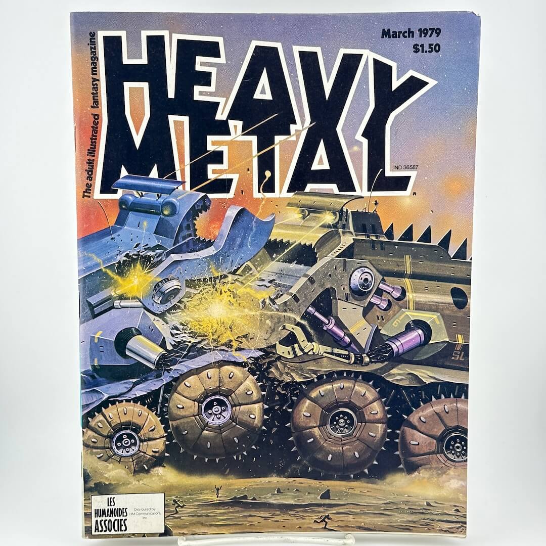 "Heavy Metal" magazine cover with two robot vehicles fighting. 