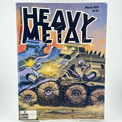 "Heavy Metal" magazine cover with two robot vehicles fighting. 