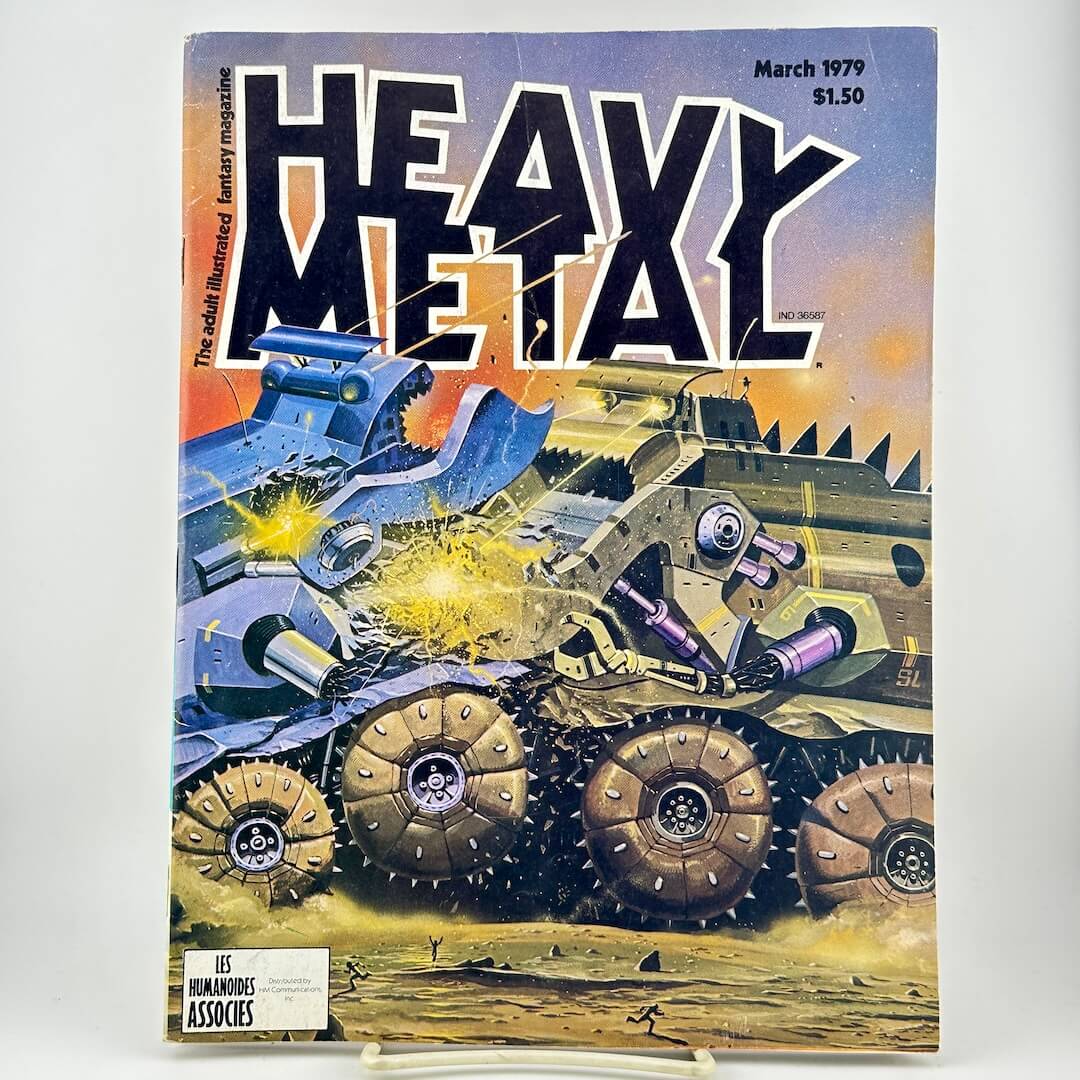 Heavy Metal magazine cover with illustration of two battling tank-like vehicles. 