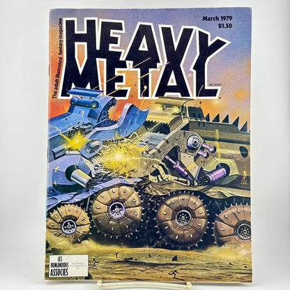 Heavy Metal magazine cover with illustration of two battling tank-like vehicles. 