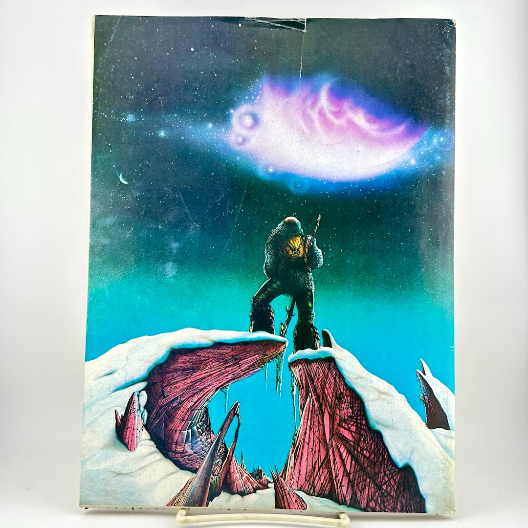 Back cover of magazine with man standing below borealis amidst snowy landscape. 