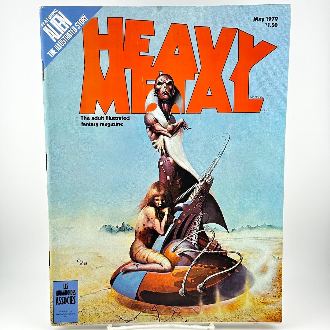 "Heavy Metal" magazine cover with alien standing on craft with woman-like creature holding its legs. 