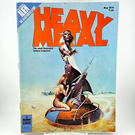 "Heavy Metal" magazine cover with alien standing on craft with woman-like creature holding its legs. 