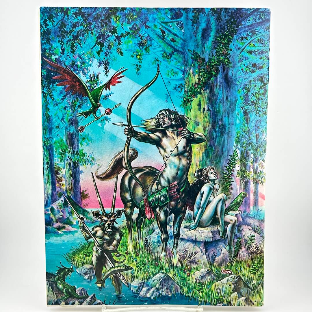Back cover of magazine with fantasy scene in blue forest with centaur in center. 