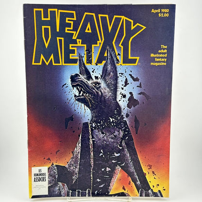 "Heavy Metal" magazine cover with illustration of angry dog in center. 