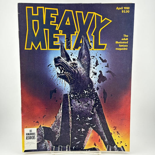 "Heavy Metal" magazine cover with illustration of angry dog in center. 