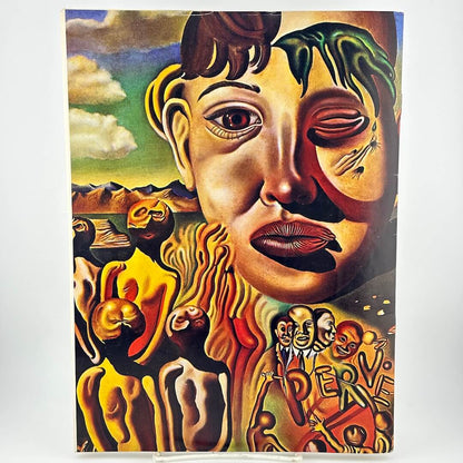 Back cover of magazine with abstract illustration of face and people. 