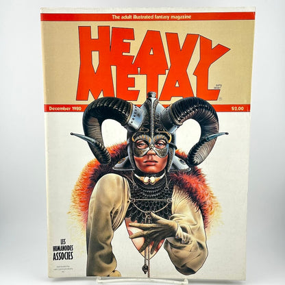 "Heavy Metal" magazine cover with woman wearing headdress with horns. 