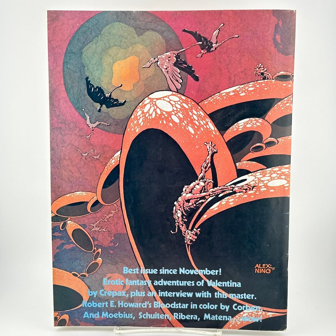 Back cover of magazine with futuristic scene and list of  highlighted contents.