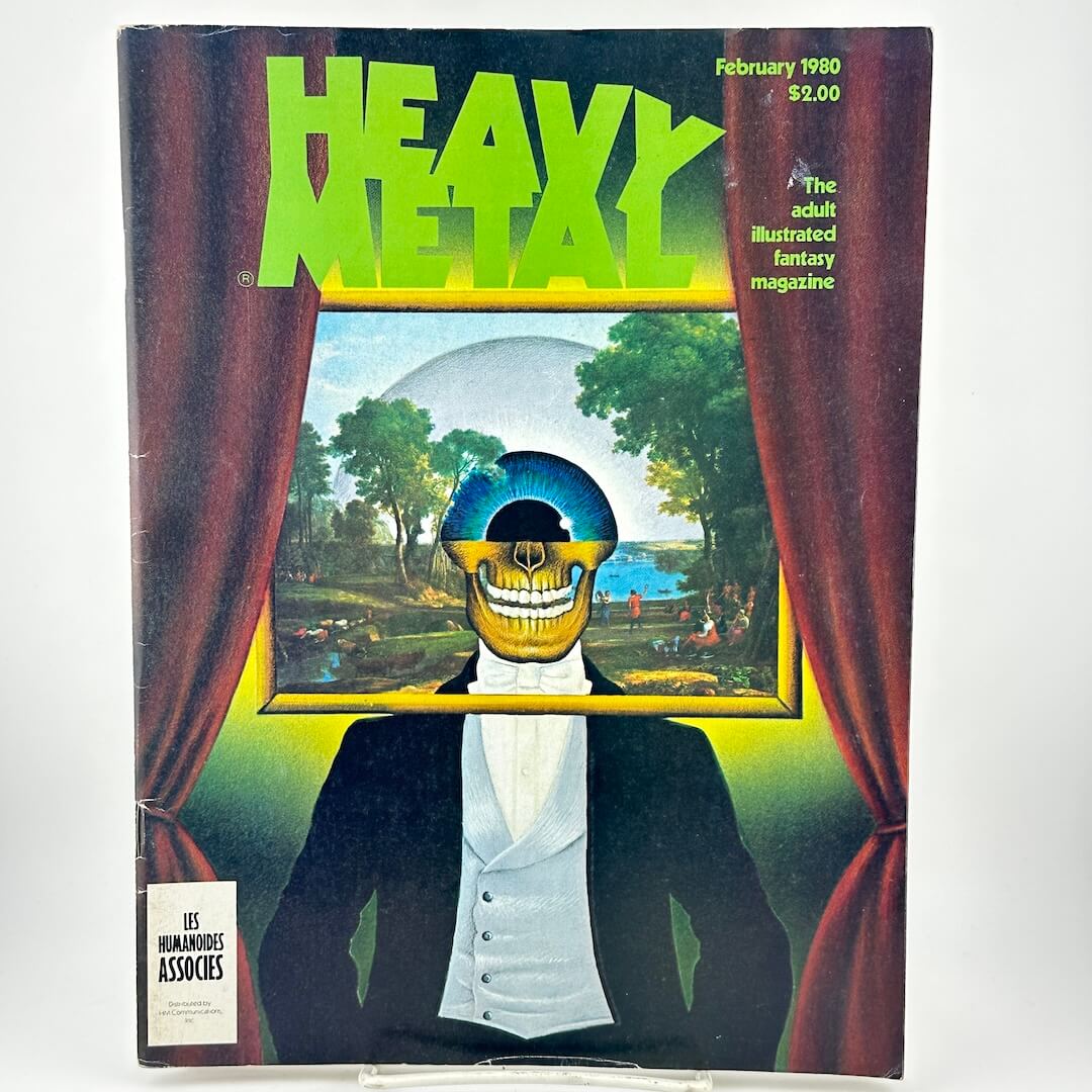 "Heavy Metal" magazine cover with red curtains on either side of figure with framed art as head. 