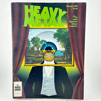 "Heavy Metal" magazine cover with red curtains on either side of figure with framed art as head. 