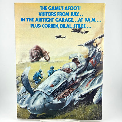 Back cover of magazine with illustration of crashed plane and creature advancing on it. 